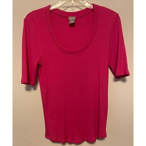 🔴 Hot pink Y2K style Ribbed Elbow-Sleeve Tee by Chicos size s - Picture 1 of 9